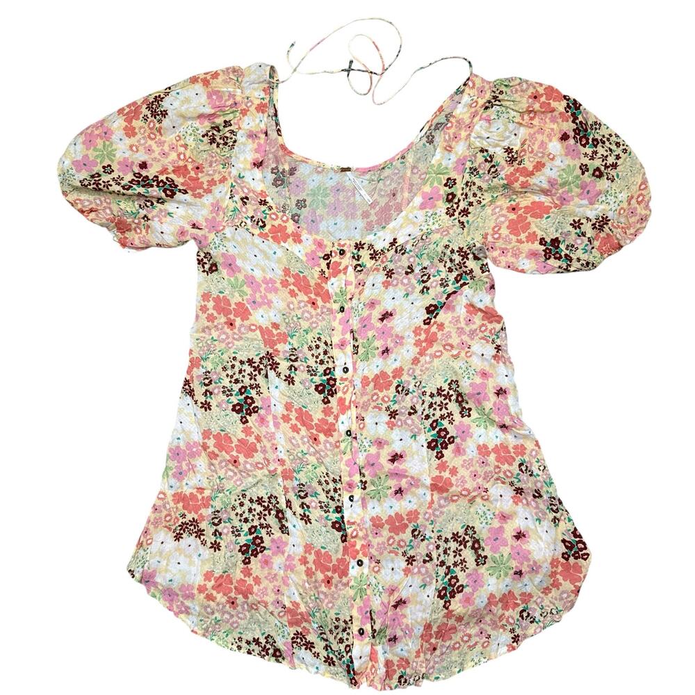 Free People Floral Peasant Blouse NWT Size Large Puff Sleeve Boho Top
